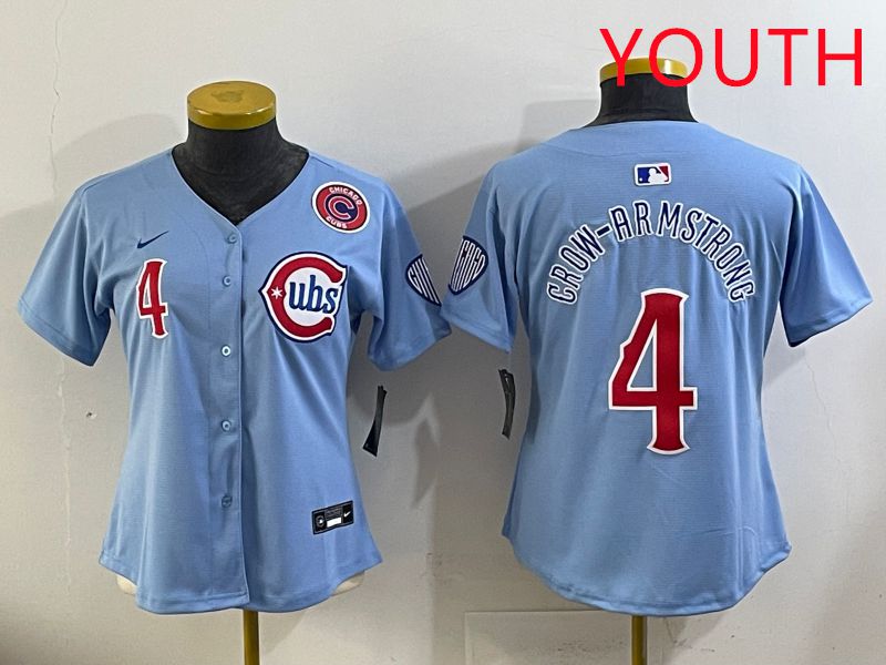 Youth 2025 Chicago Cubs 4 Crow-Armstrong Light Blue Throwback Game Nike MLB Jersey style 3